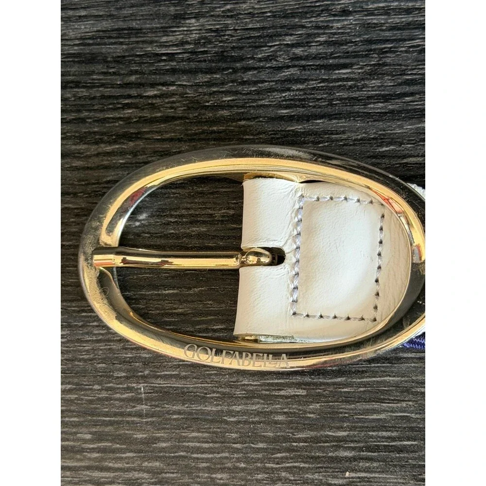 Golfabella Women Purple White Wovem Elastic Stretch Belt Gold Buckle L/XL Italy